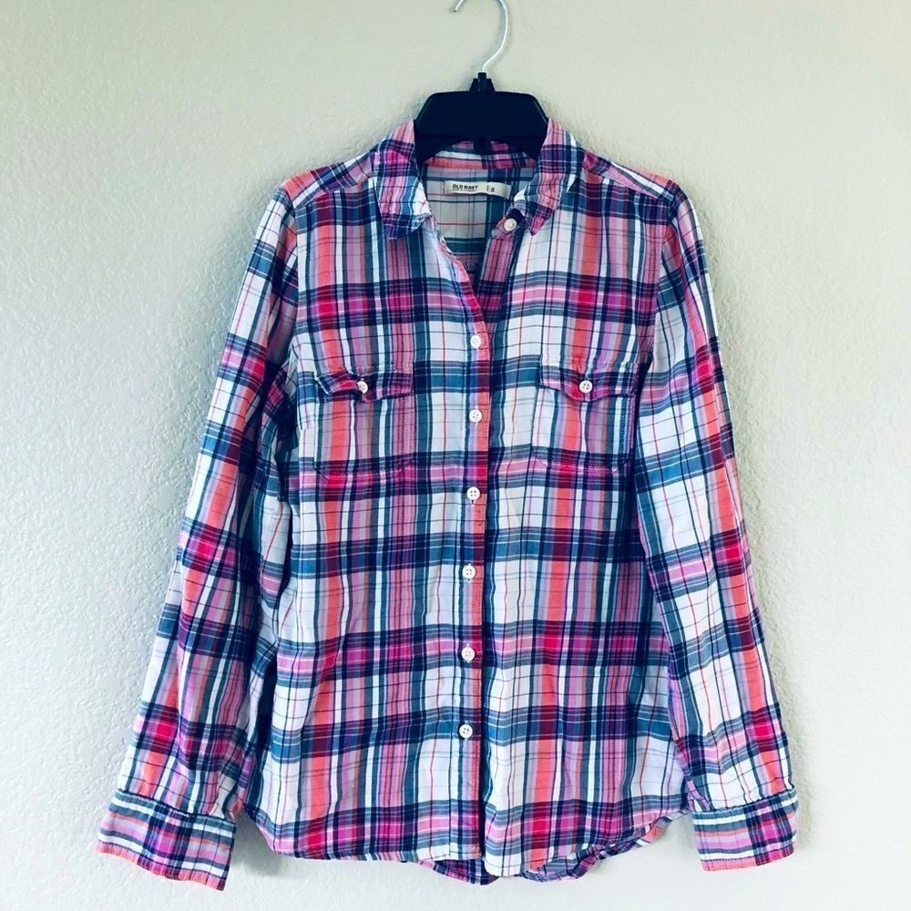 Old Navy Pink Long Sleeve Plaid Flannel Button Down Shirt S